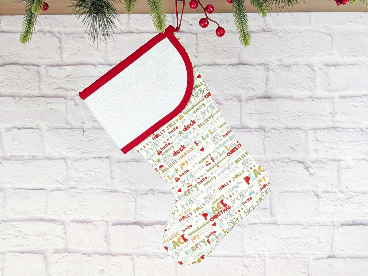 Blank White Holiday Words Christmas Stocking with Cross Stitchable Cuff - Curved Style