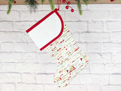 Blank White Holiday Words Christmas Stocking with Cross Stitchable Cuff - Curved Style