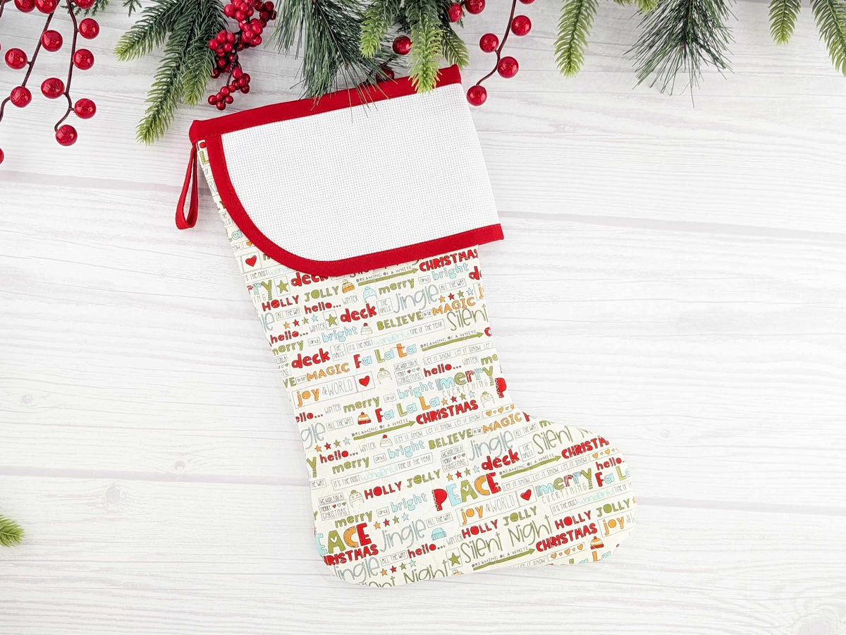 Blank White Holiday Words Christmas Stocking with Cross Stitchable Cuff - Curved Style