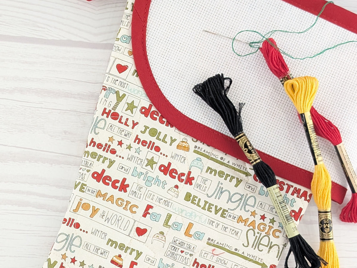 Blank White Holiday Words Christmas Stocking with Cross Stitchable Cuff - Curved Style