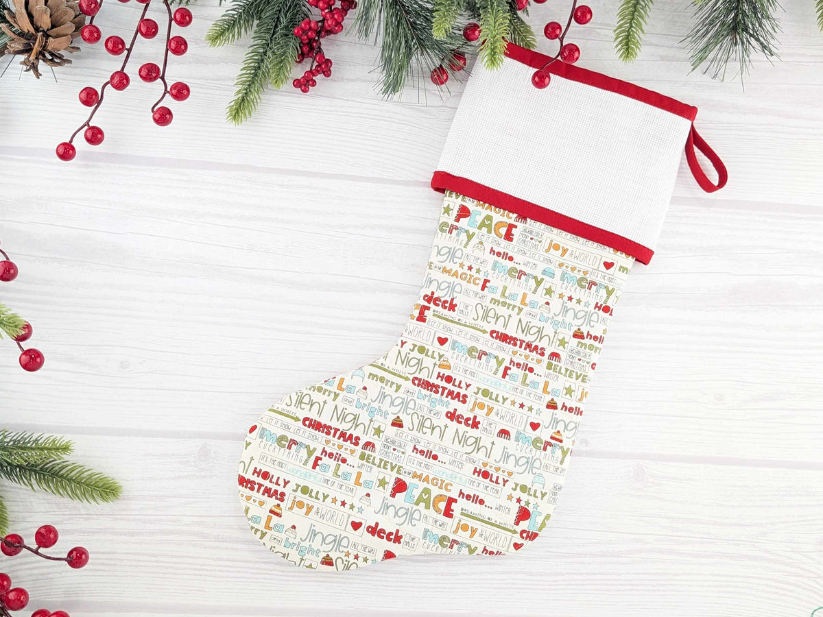 Blank White Words Christmas Stocking with Cross Stitchable Cuff - Straight Style