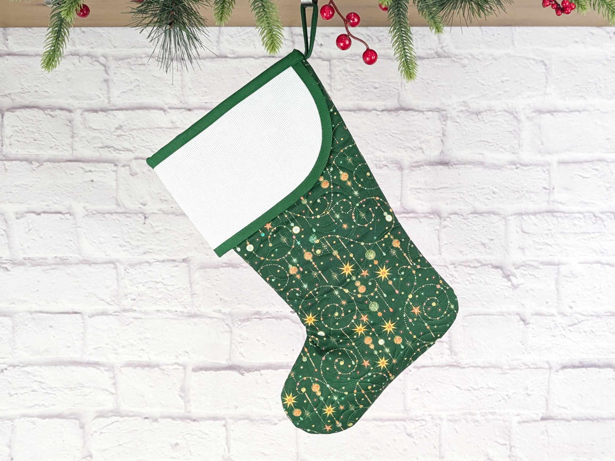 Blank Green Sparkle Star Swirls Christmas Stocking with Cross Stitchable Cuff - Curved Style