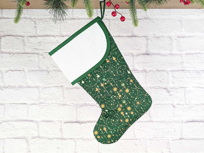 Blank Green Sparkle Star Swirls Christmas Stocking with Cross Stitchable Cuff - Curved Style