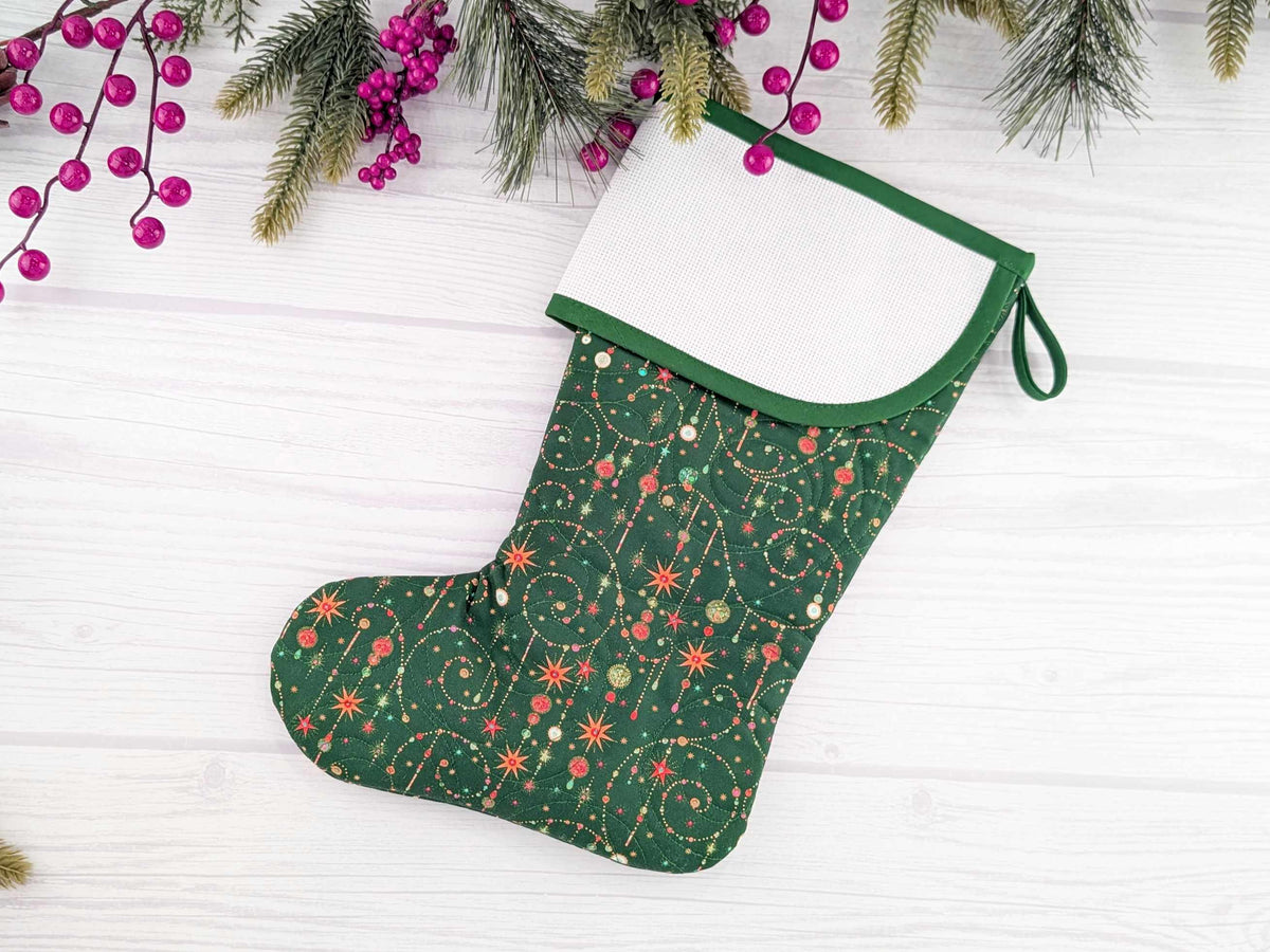 Blank Green Sparkle Star Swirls Christmas Stocking with Cross Stitchable Cuff - Curved Style