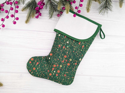 Blank Green Sparkle Star Swirls Christmas Stocking with Cross Stitchable Cuff - Curved Style