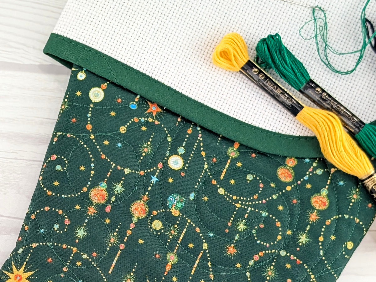 Blank Green Sparkle Star Swirls Christmas Stocking with Cross Stitchable Cuff - Curved Style