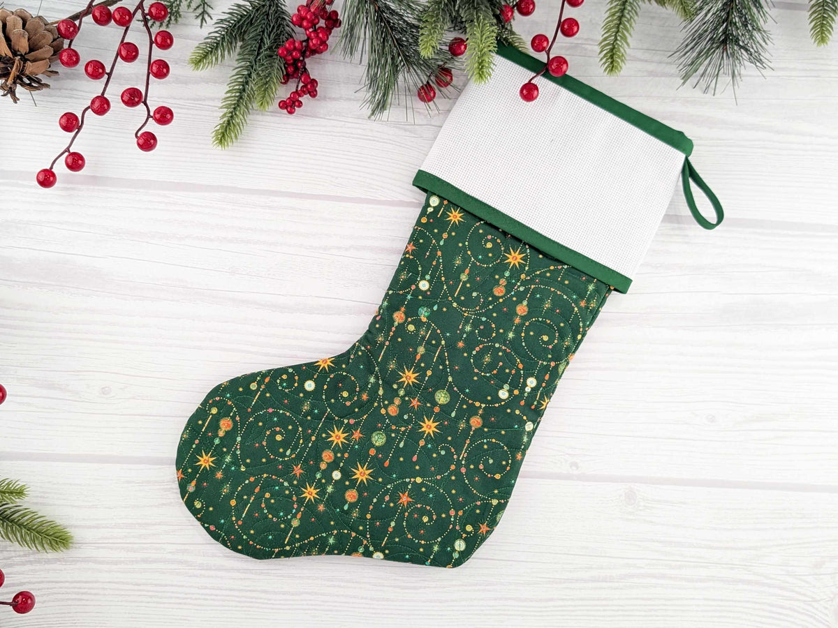 Blank Green Sparkle Swirls Christmas Stocking with Cross Stitchable Cuff - Straight Style