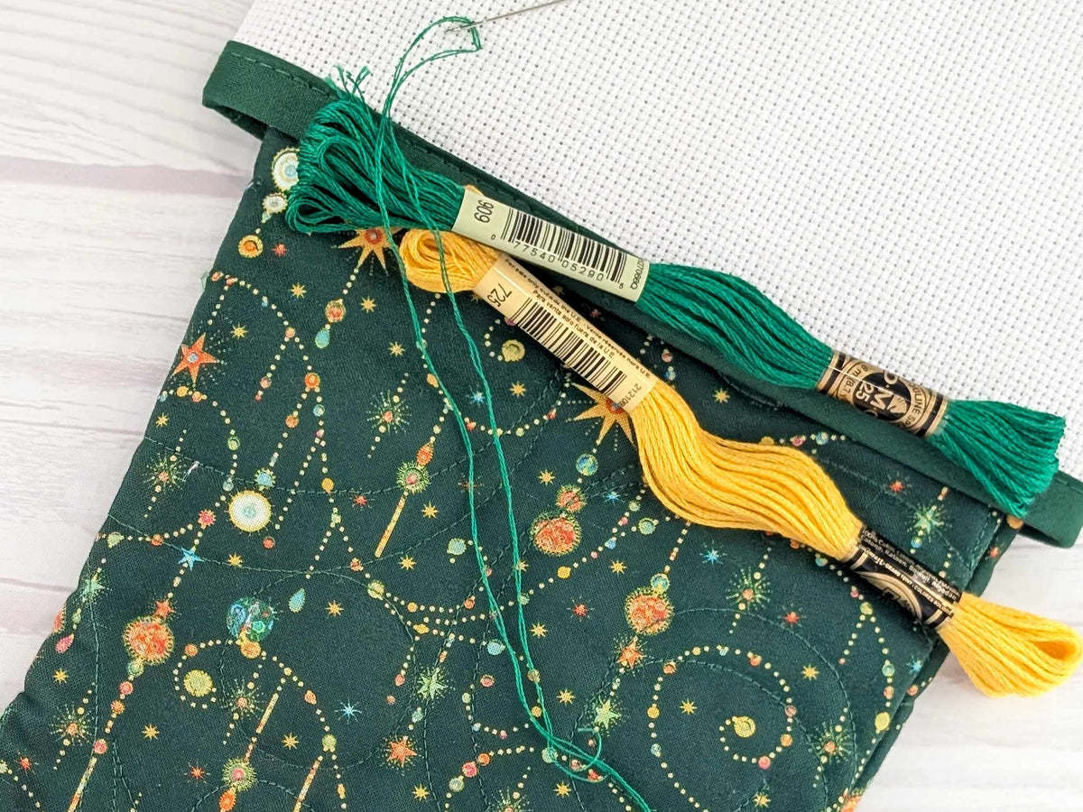 Blank Green Sparkle Swirls Christmas Stocking with Cross Stitchable Cuff - Straight Style