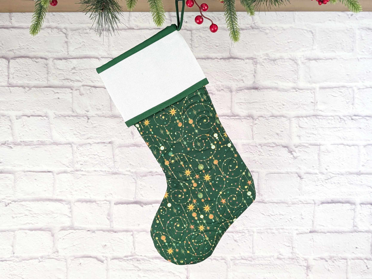 Blank Green Sparkle Swirls Christmas Stocking with Cross Stitchable Cuff - Straight Style