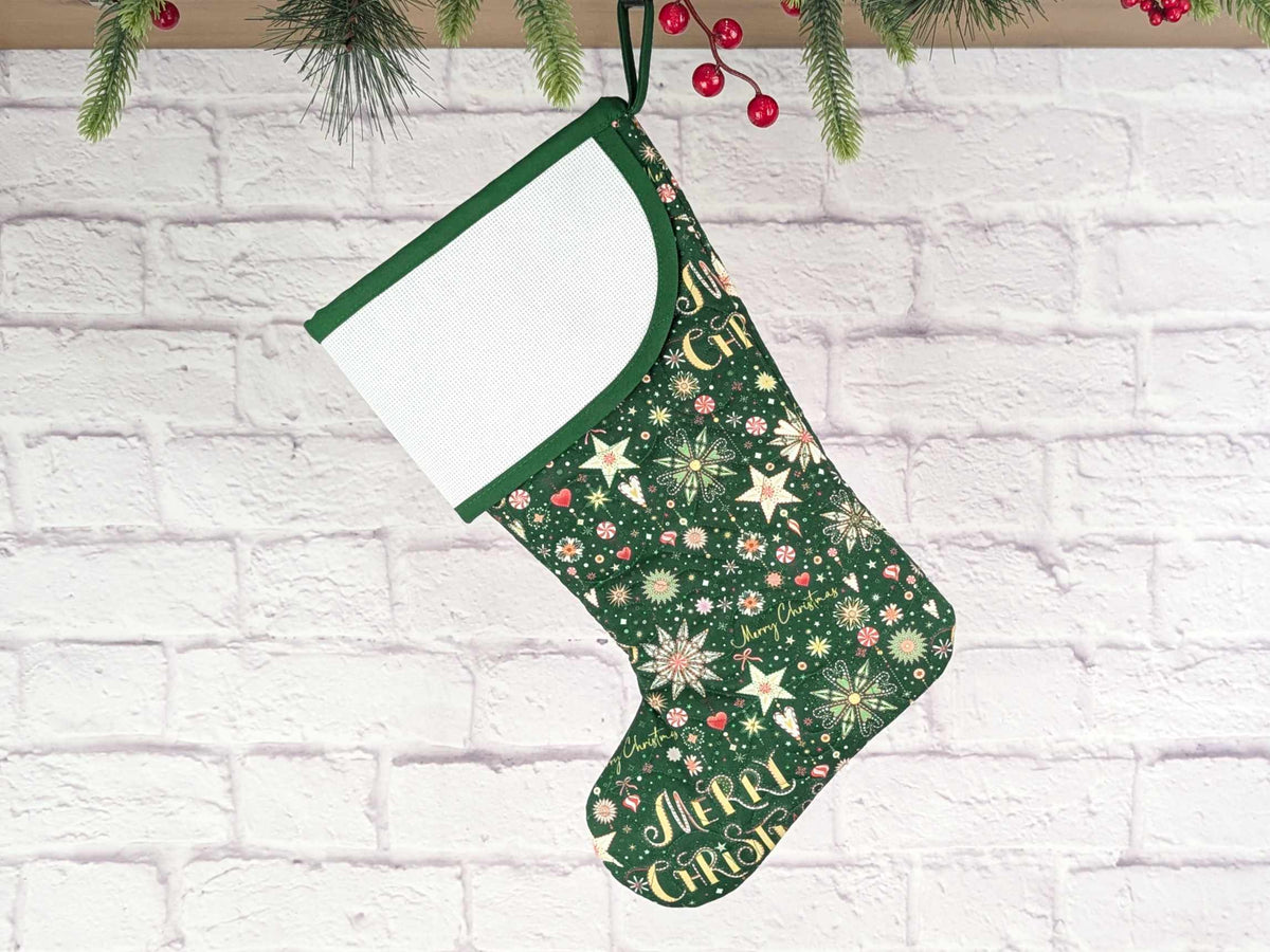 Blank Green Sparkle Mix Christmas Stocking with Cross Stitchable Cuff - Curved Style