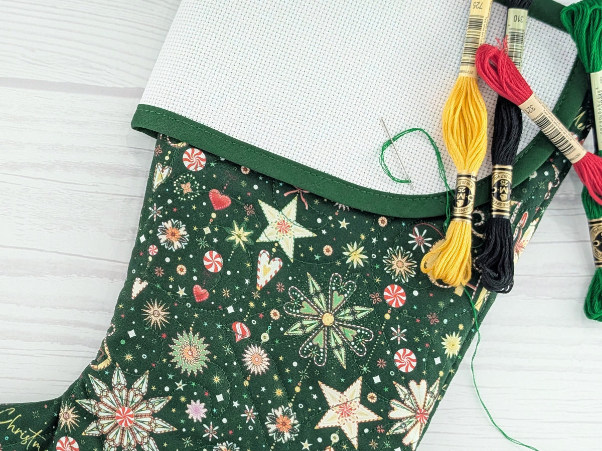 Blank Green Sparkle Mix Christmas Stocking with Cross Stitchable Cuff - Curved Style