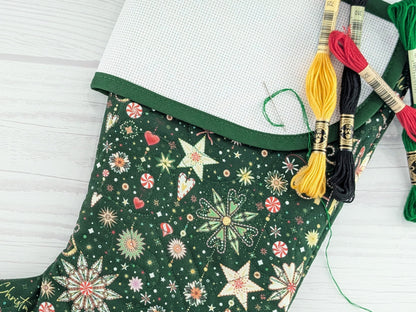Blank Green Sparkle Mix Christmas Stocking with Cross Stitchable Cuff - Curved Style