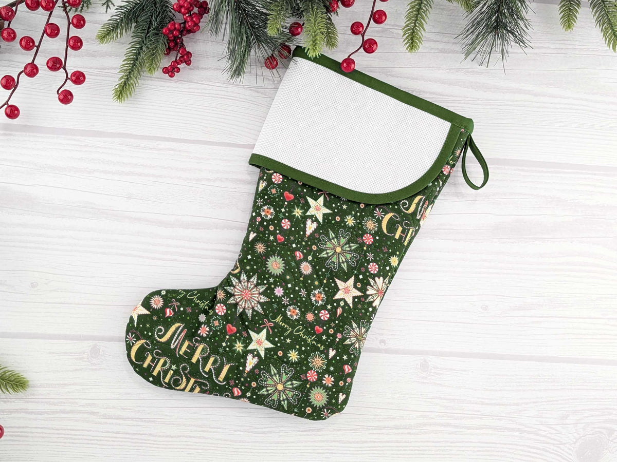 Blank Green Sparkle Mix Christmas Stocking with Cross Stitchable Cuff - Curved Style