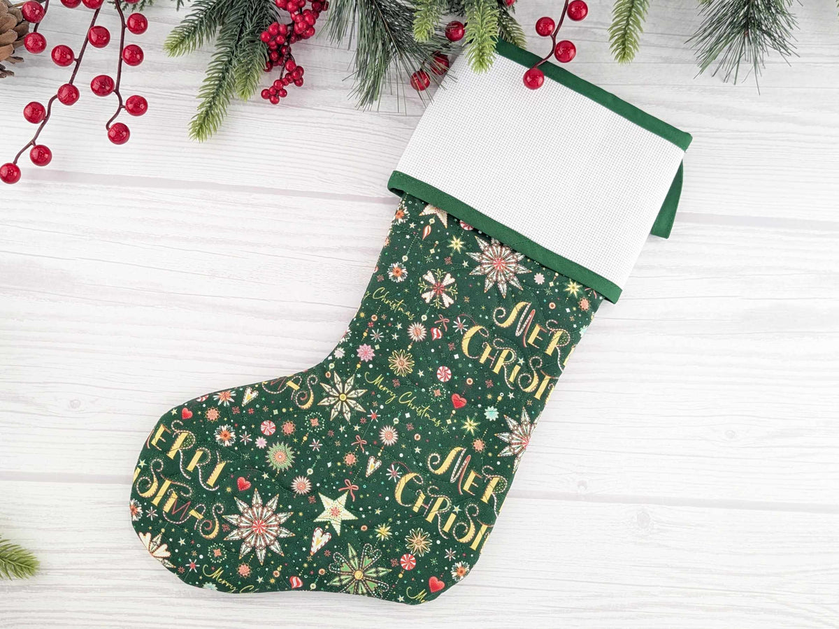 Blank Green Sparkle Mix Christmas Stocking with Cross Stitchable Cuff - Straight Style