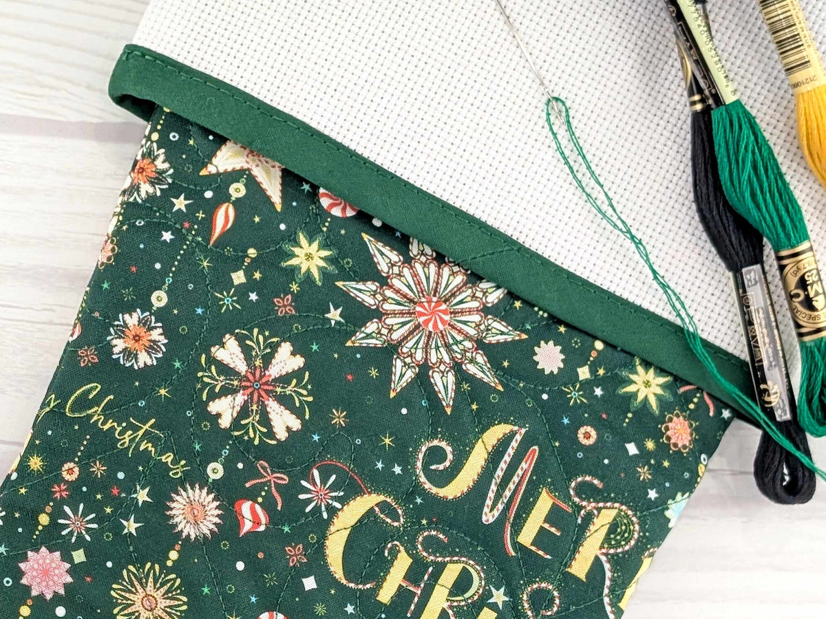 Blank Green Sparkle Mix Christmas Stocking with Cross Stitchable Cuff - Straight Style