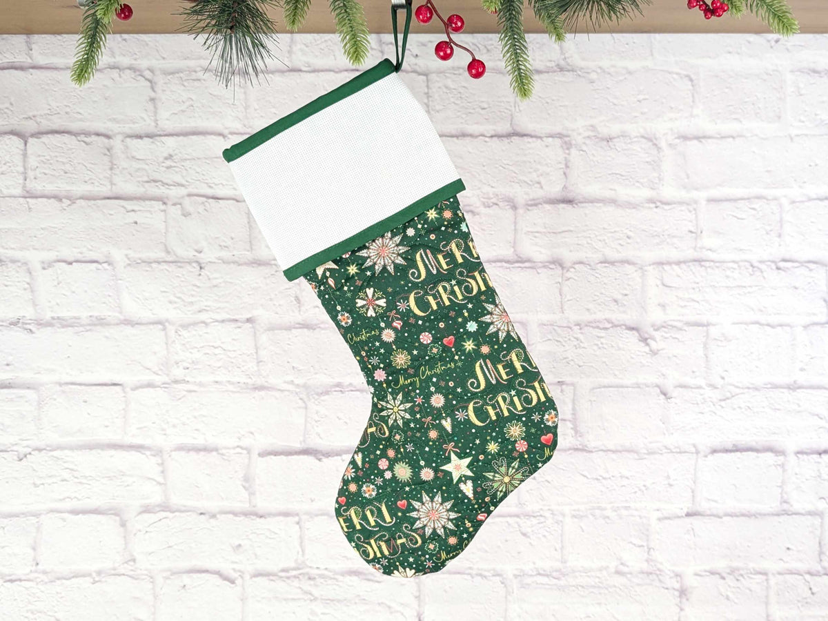 Blank Green Sparkle Mix Christmas Stocking with Cross Stitchable Cuff - Straight Style