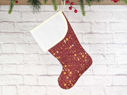 Blank Red Sparkle Star Swirls Christmas Stocking with Cross Stitchable Cuff - Curved Style