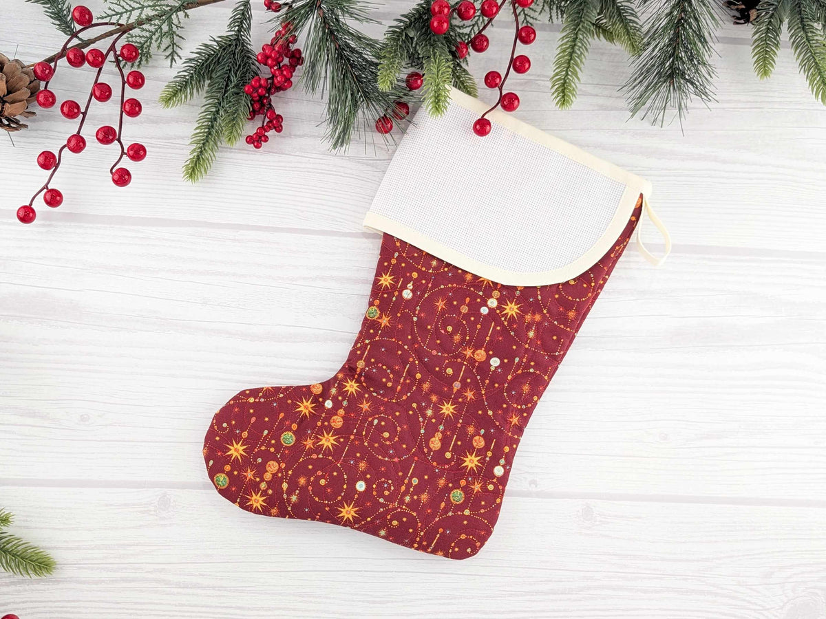 Blank Red Sparkle Star Swirls Christmas Stocking with Cross Stitchable Cuff - Curved Style