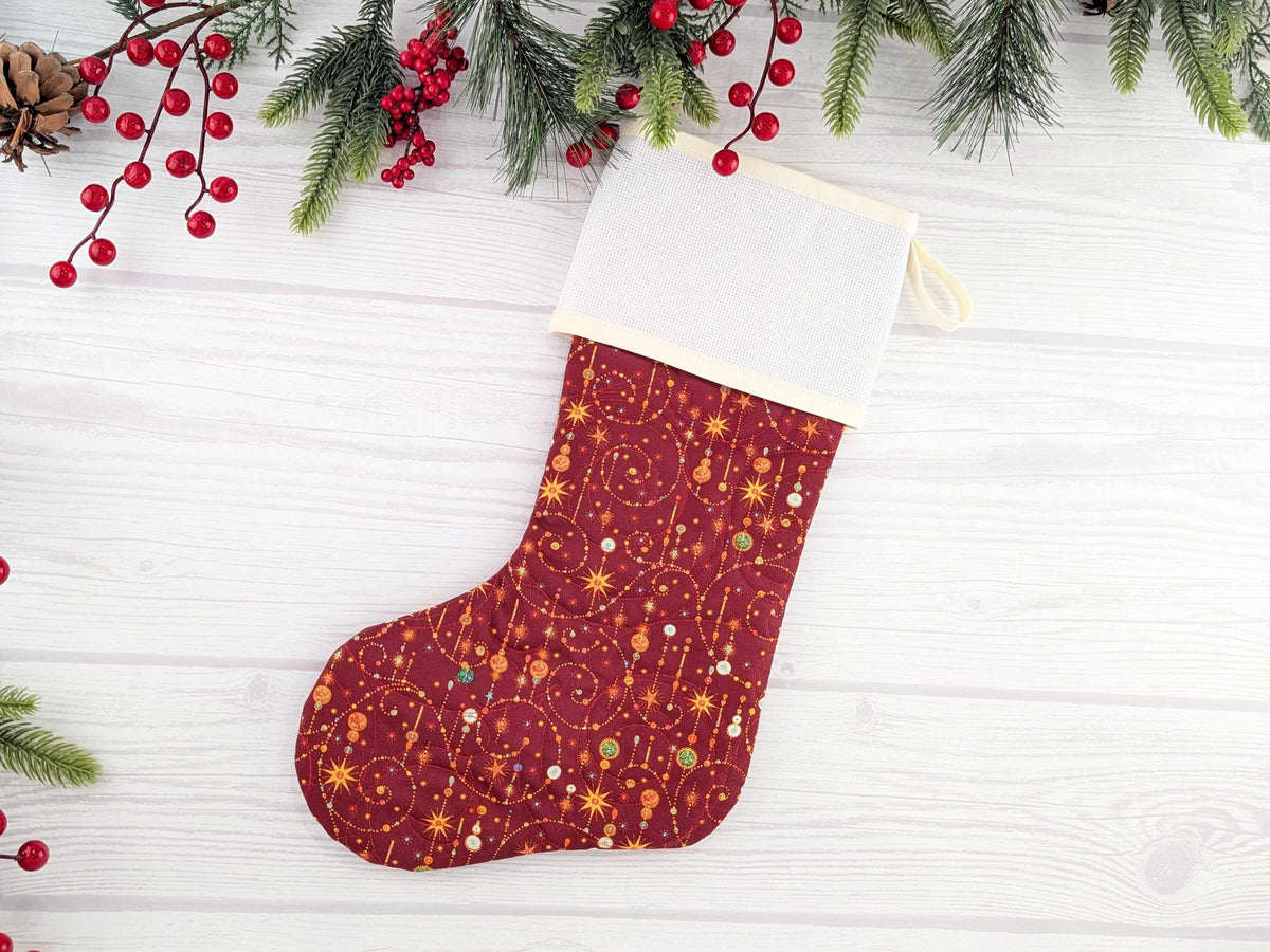 Blank Red Sparkle Swirls Christmas Stocking with Cross Stitchable Cuff - Straight Style