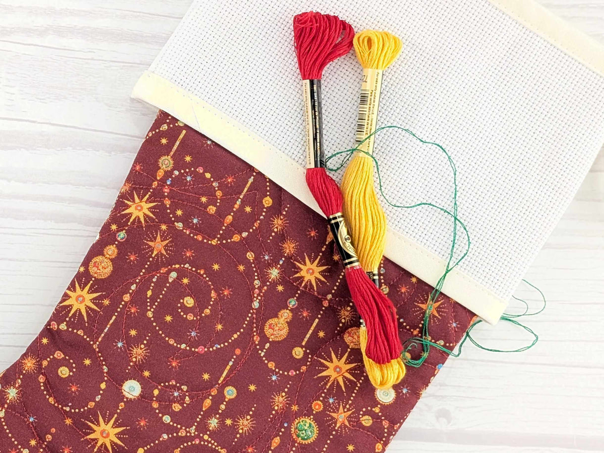 Blank Red Sparkle Swirls Christmas Stocking with Cross Stitchable Cuff - Straight Style