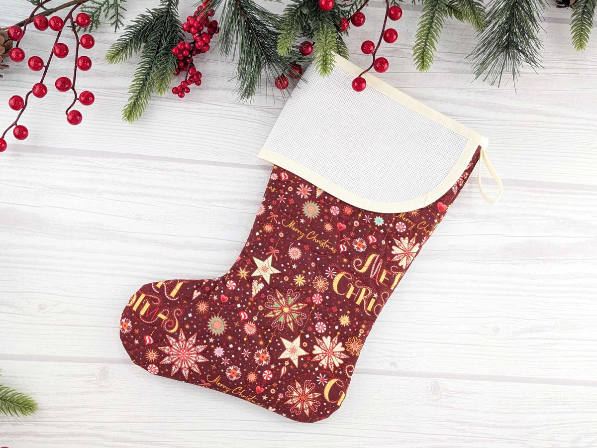 Blank Red Sparkle Mix Christmas Stocking with Cross Stitchable Cuff - Curved Style