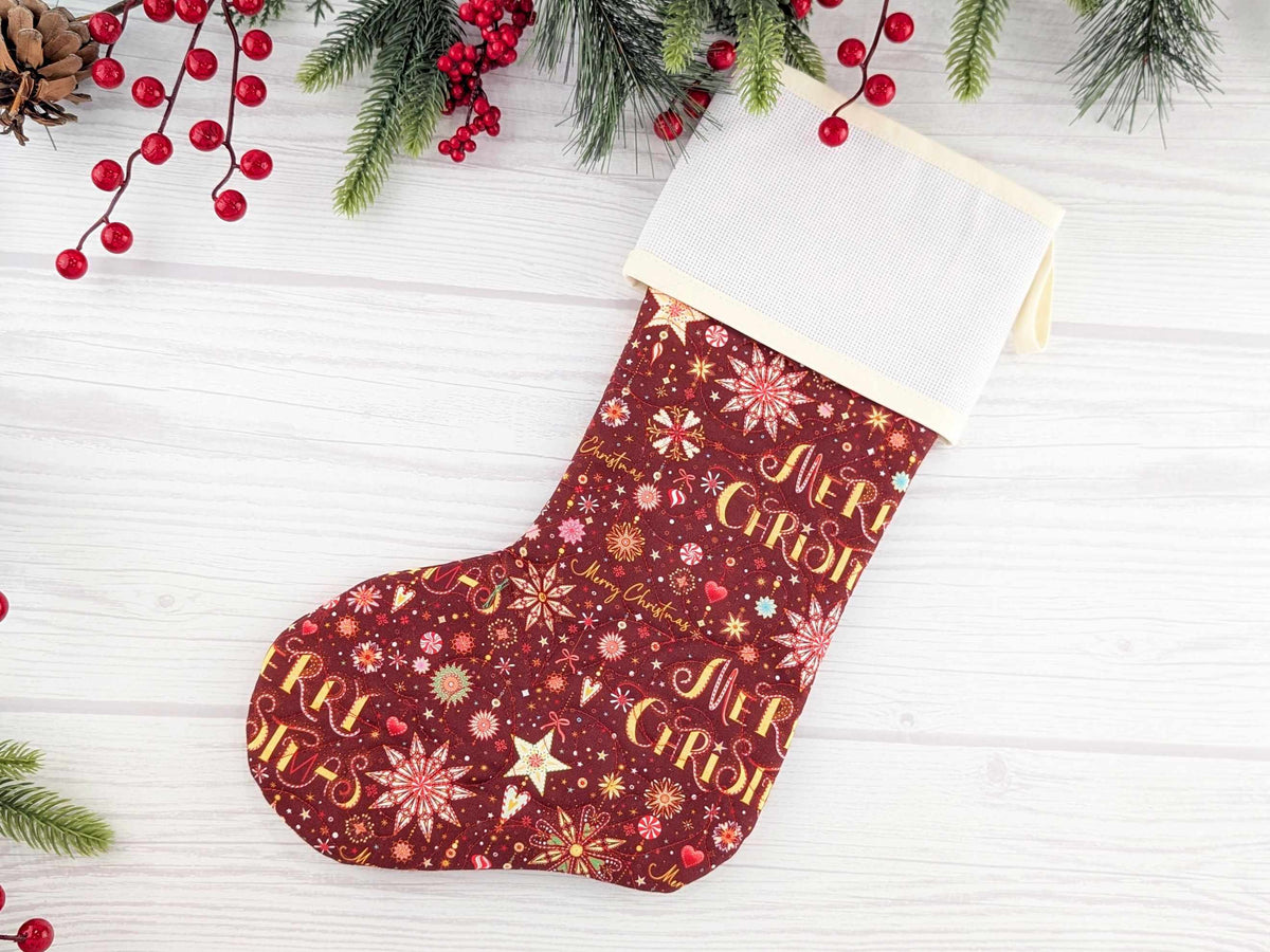 Blank Red Sparkle Mix Christmas Stocking with Cross Stitchable Cuff - Straight Style