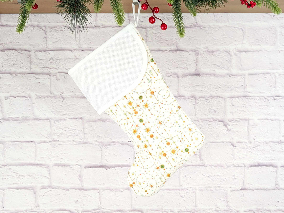 Blank White Sparkle Star Swirls Christmas Stocking with Cross Stitchable Cuff - Curved Style