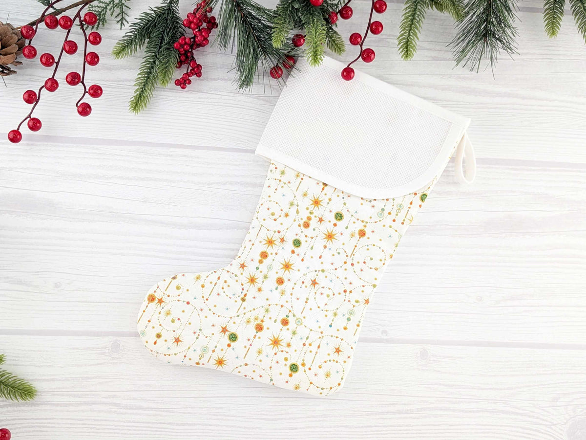 Blank White Sparkle Star Swirls Christmas Stocking with Cross Stitchable Cuff - Curved Style