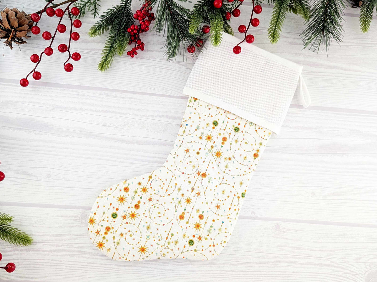 Blank White Sparkle Swirls Christmas Stocking with Cross Stitchable Cuff - Straight Style
