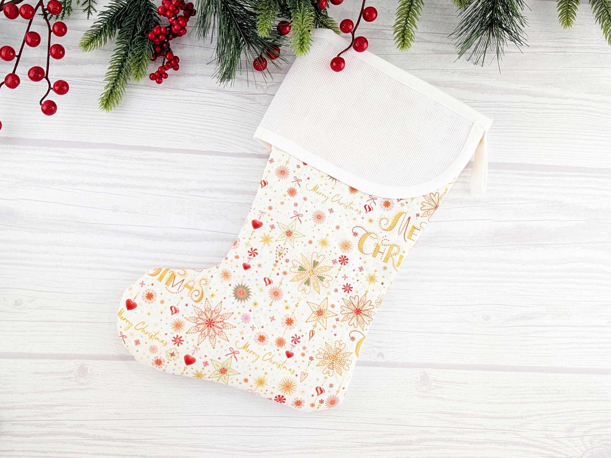 Blank White Sparkle Mix Christmas Stocking with Cross Stitchable Cuff - Curved Style