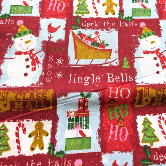 Christmas Stocking with Blank Cross Stitchable Aida Cuff | Quilted and Fully Lined - Vintage Cute Stamps Red