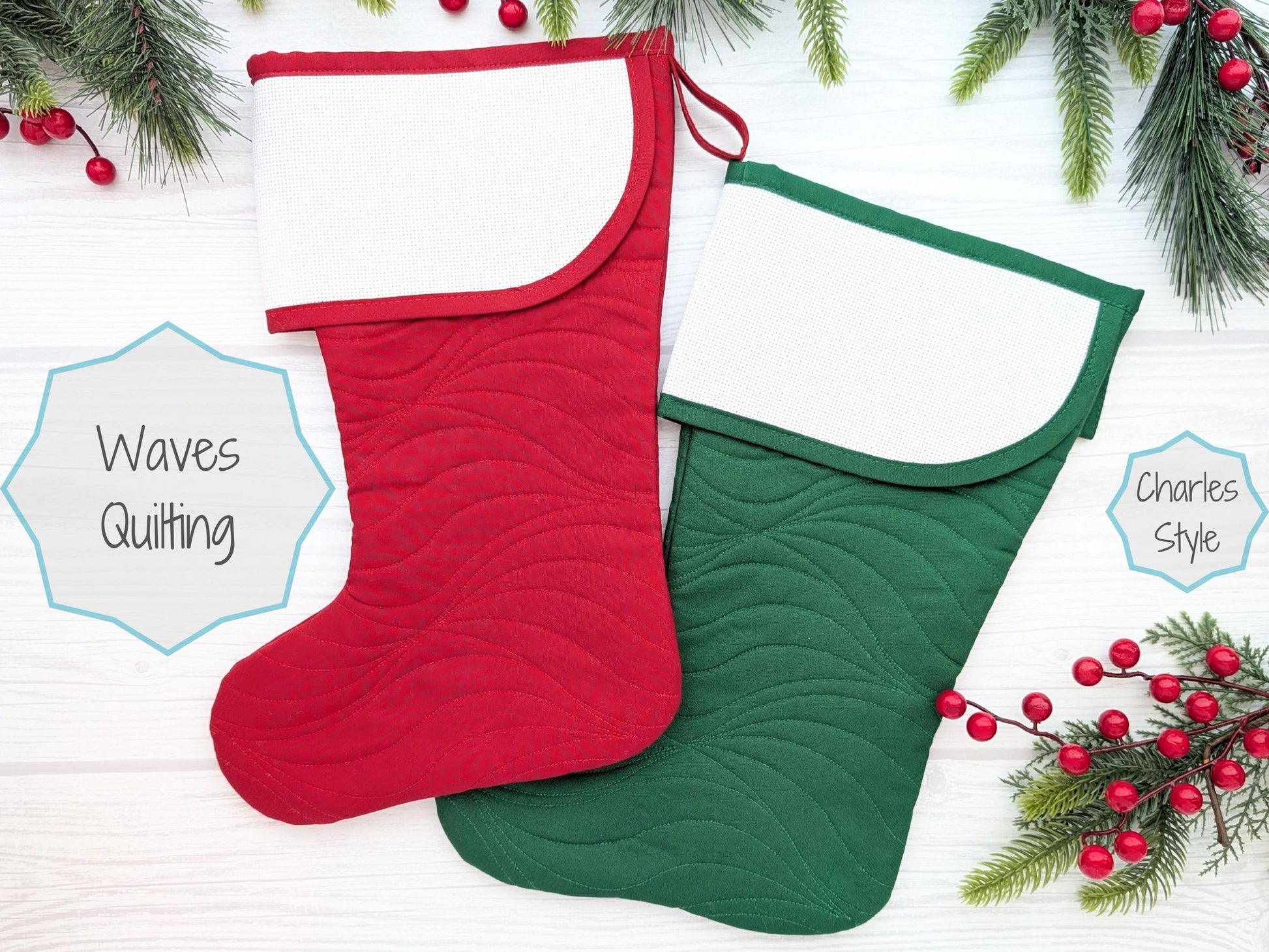 blank quilted Christmas stocking with cross stitch aida cuff in dark red, bright red, or dark green with waves quilting