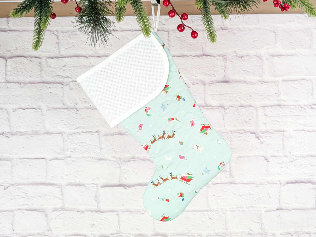 Blank Aqua North Pole Christmas Stocking with Cross Stitchable Cuff - Curved Style