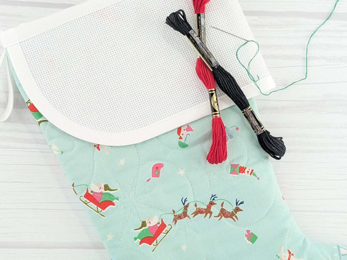 Blank Aqua North Pole Christmas Stocking with Cross Stitchable Cuff - Curved Style
