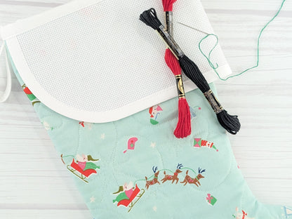 Blank Aqua North Pole Christmas Stocking with Cross Stitchable Cuff - Curved Style