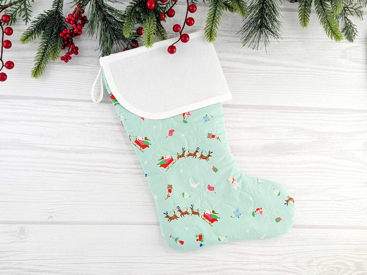 Blank Aqua North Pole Christmas Stocking with Cross Stitchable Cuff - Curved Style