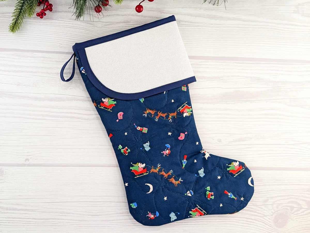 Blank Navy North Pole Christmas Stocking with Cross Stitchable Cuff - Curved Style