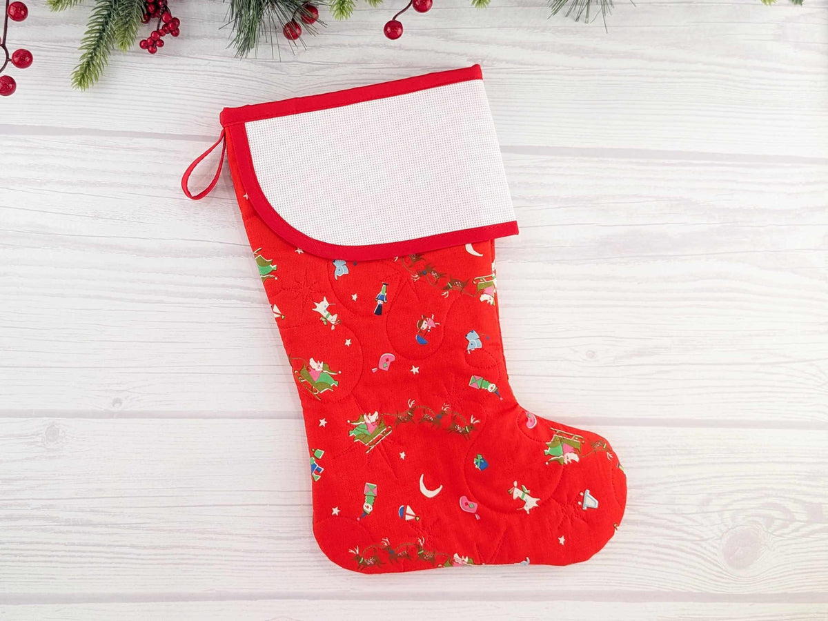 Blank Red North Pole Christmas Stocking with Cross Stitchable Cuff - Curved Style