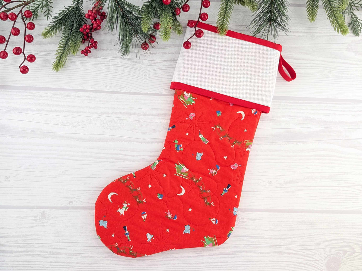 Blank Red North Pole Christmas Stocking with Cross Stitchable Cuff - Straight Style