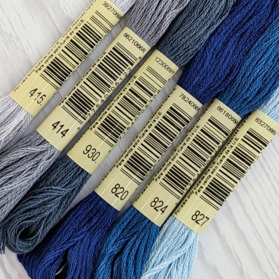 dmc embroidery floss bundle in blues and grays