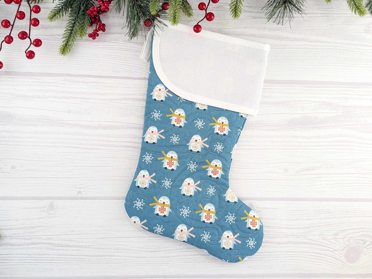Blank Blue Scandinavian Penguins Christmas Stocking with Cross Stitchable Cuff - Curved Style