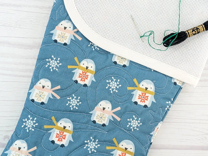 Blank Blue Scandinavian Penguins Christmas Stocking with Cross Stitchable Cuff - Curved Style