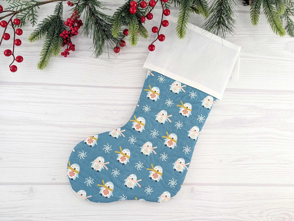 Blank Blue Scandinavian Penguins Christmas Stocking with Cross Stitchable Cuff - Straight Style