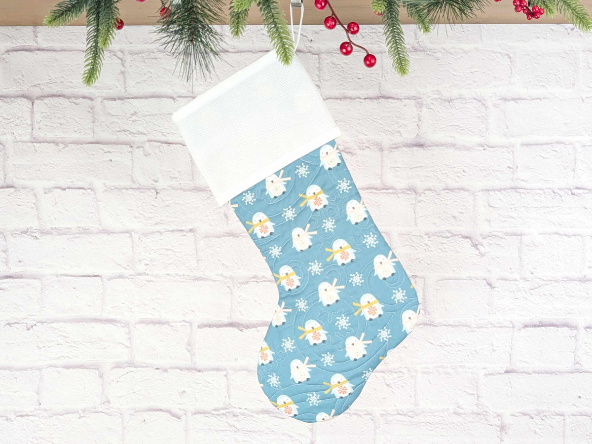 Blank Blue Scandinavian Penguins Christmas Stocking with Cross Stitchable Cuff - Straight Style