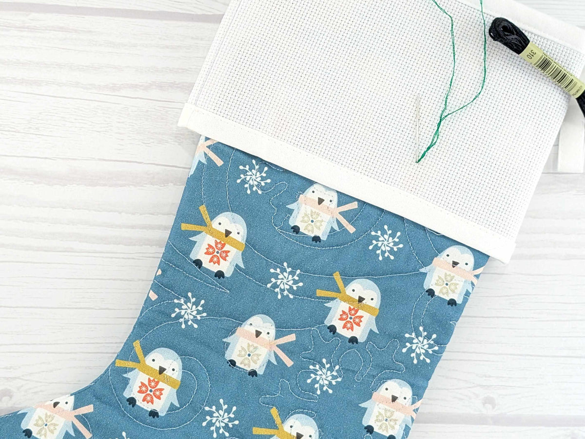 Blank Blue Scandinavian Penguins Christmas Stocking with Cross Stitchable Cuff - Straight Style