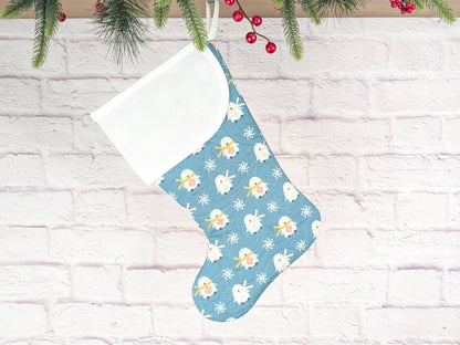 Blank Blue Scandinavian Penguins Christmas Stocking with Cross Stitchable Cuff - Curved Style