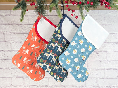 Blank Navy Scandinavian Deer Christmas Stocking with Cross Stitchable Cuff - Curved Style