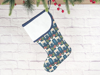 Blank Navy Scandinavian Deer Christmas Stocking with Cross Stitchable Cuff - Curved Style