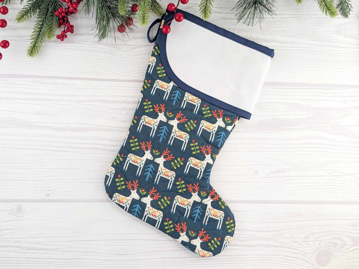 Blank Navy Scandinavian Deer Christmas Stocking with Cross Stitchable Cuff - Curved Style