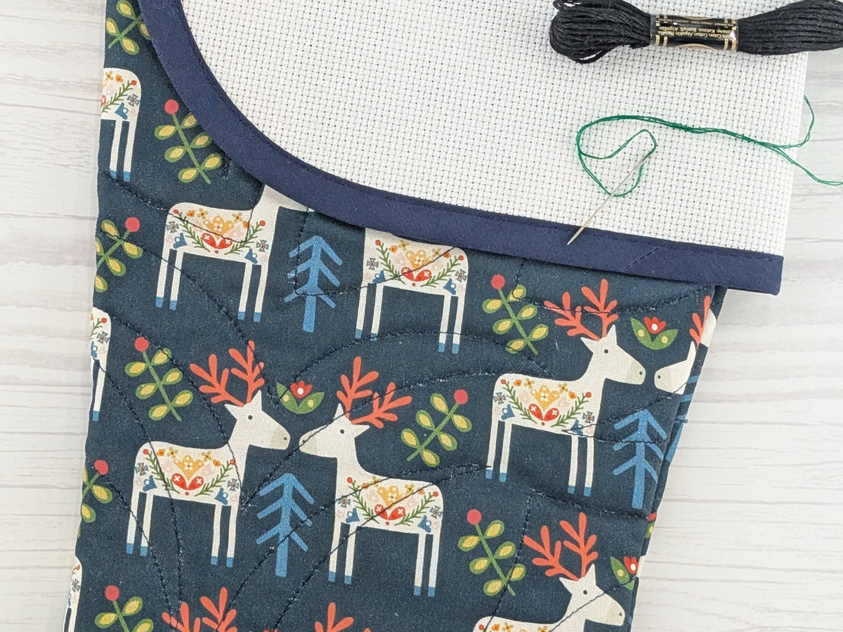 Blank Navy Scandinavian Deer Christmas Stocking with Cross Stitchable Cuff - Curved Style